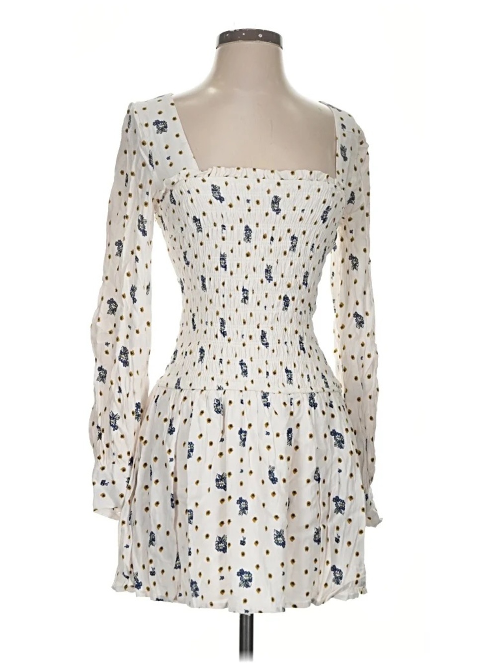 Free People Cream Floral & Mustard Dot Smocked Long-Sleeve Mini Dress